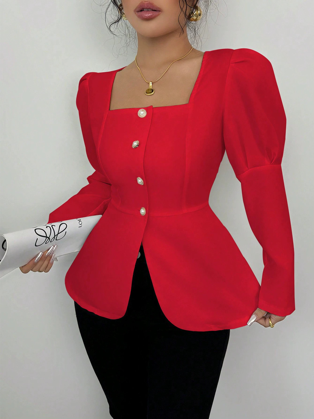 ZARA Spring Autumn Ruffle Long Sleeve Single Breasted Square Neck Solid Blouse